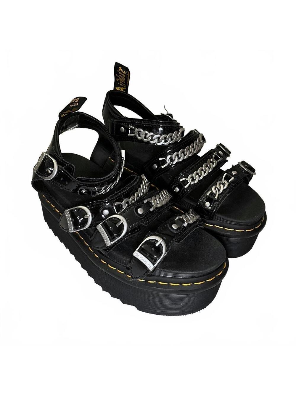 Dr. Martens Blaire II Quad Chain Black Patent Leather Platform Sandals Size 8